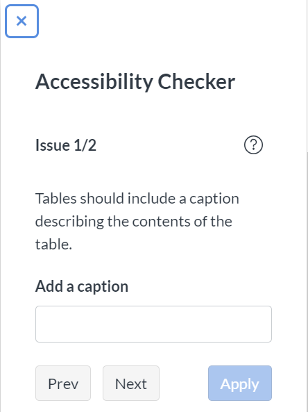Accessibility checker results, prompting to add a table caption